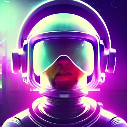 Prompt: cyberpunk astronaut bot, cinema 4 d, galaxy, ufo, space sci - fi, wearing vr goggles, illustration, portrait, pastel neon textured background night, trending on artstation, greg rutkowski, octane rendered, 1 2 k, detailed,