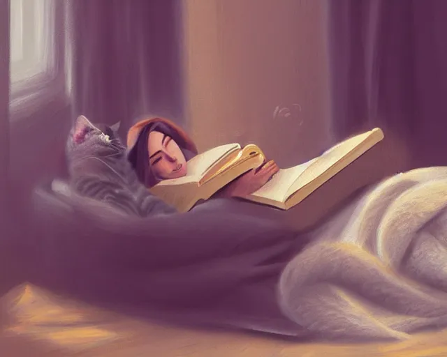 Image similar to a beautiful warm matte painting of a woman curled up with a blanket reading a good book next to her friendly cat who is purring with eyes closed. they are both sitting next to a window as the sun sets in winter, by nina masic, crisp, detailed, trending on artstation