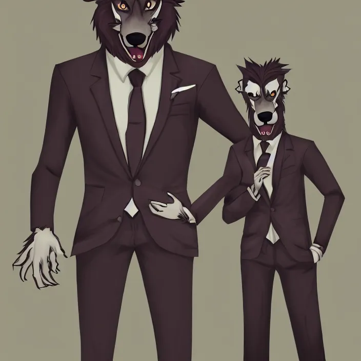 Image similar to a handsome werewolf boyfriend in a dapper suit, furry art, trending on artstation, 8 k