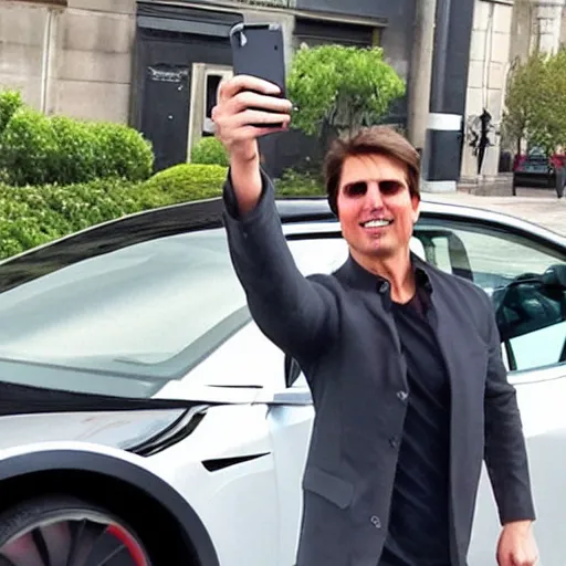 Prompt: photo realistic, selfie, tom cruise infront of his tesla