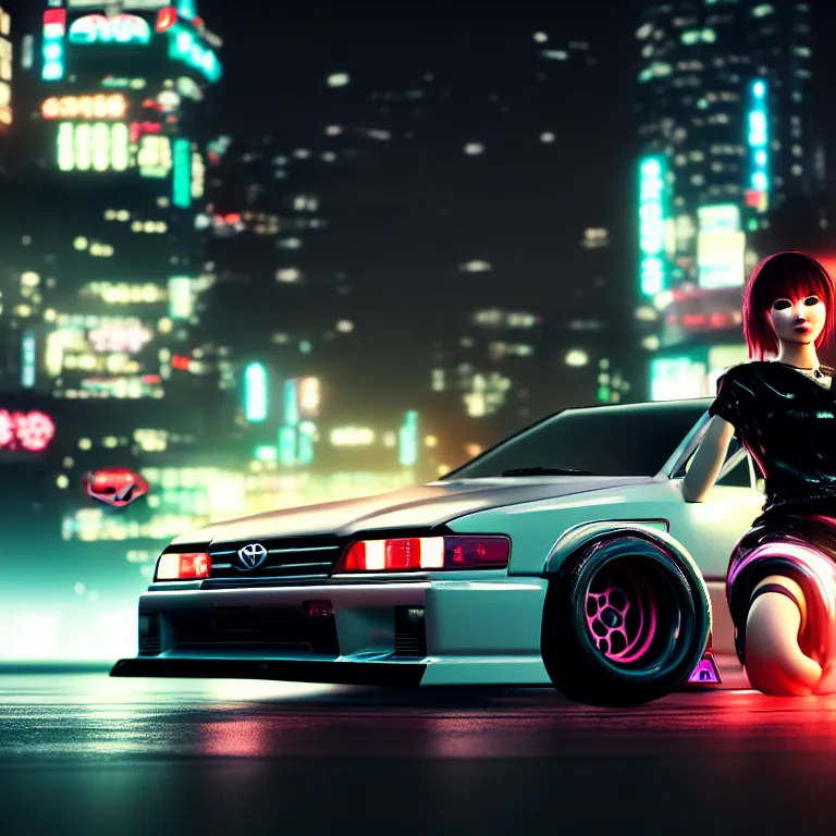 Image similar to toyota jzx 1 0 0 drift, detailed - wheels, shibuya prefecture, cyberpunk woman sitting, cinematic lighting, photorealistic, night photography, octane render