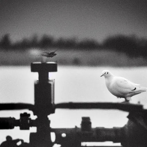 Prompt: grainy photograph of a white dove sitting on a tank gun during war night