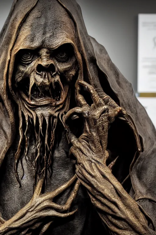 Image similar to photo taken of an epic intricate, ultra detailed, super realistic sculpture of a nightmarish hellish demonic hooded grim reaper sculpture on display in a workshop, created by weta workshop, full body shots, photorealistic, sharp focus, f 0. 4, face centred, macro photography, golden ratio, golden hour