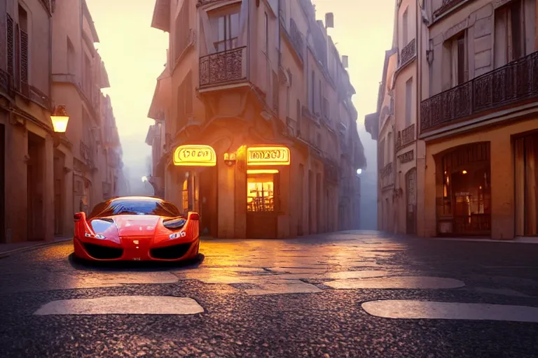 Image similar to a wholesome animation key shot of one focused ferrari, dynamic, on an ancient paris street, photo taken at night, wide shot, studio ghibli, pixar and disney animation, sharp, very detailed, high resolution, rendered in unreal engine 5, anime key art by greg rutkowski, overcast lighting, dark