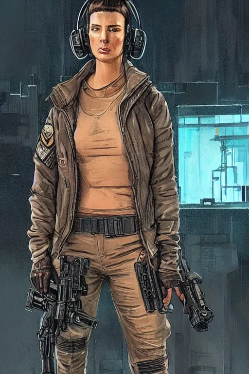 Image similar to Sonya. Confident blackops mercenary in tactical gear and cyberpunk headset. Blade Runner 2049. concept art by James Gurney and Mœbius.