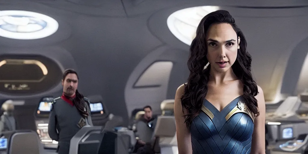 Image similar to Gal Gadot, in a Starfleet uniform, and Tribbles, Tribbles and more Tribbles in a scene in the next Star Trek movie