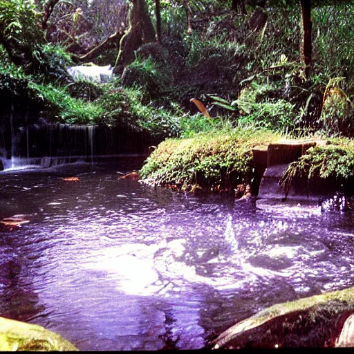 Image similar to the legend of big sir large smooth monster bathing in a small pond with a waterfall, big sur, film still