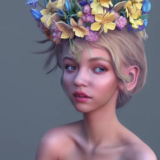 Image similar to a beautiful 3d render illustration of a flower princess, featured on artstation, blender, zbrush