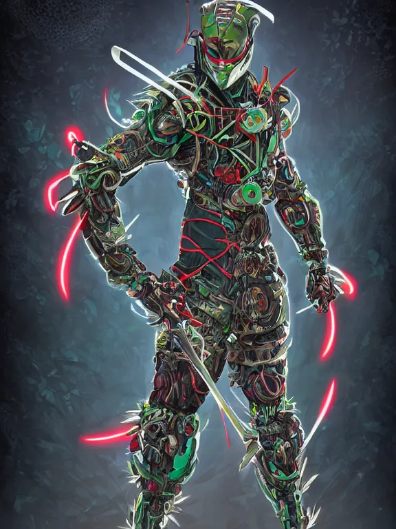 Image similar to full body front view portrait of natural, bio - mechanical ninja samurai, nature and cyber, character design, correct anatomy, concept art, digital illustration, ray tracing, ultra detailed, fantasy, neon lighting, intricate and highly detailed, coloured with lots of colour, pose, fantasy, sharp focus,