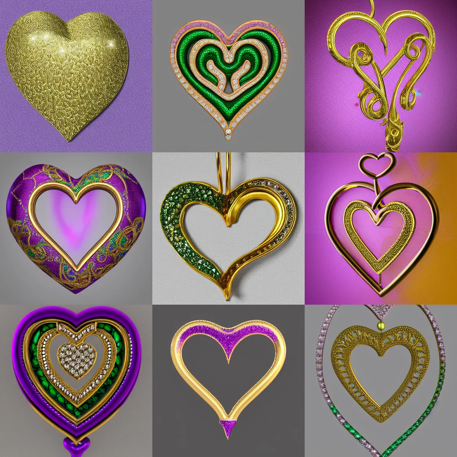 Prompt: mystical gold and diamond thin curly female heart shaped hanger with fine purple and green details, ultra detailed, centered, octane render, elegant, caustics