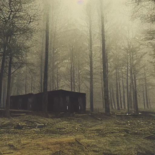 Prompt: film still of a military compound with 2 barracks during ww 2 in the forest, trenches dug around the perimeter, filmgrain, zeiss lens, redshift, octane, foggy diffused lighting