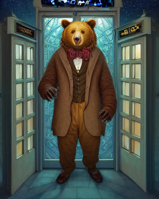 Image similar to anthropomorphic art of a detective bear inside tardis, victorian inspired clothing by artgerm, victo ngai, ryohei hase, artstation. fractal papersand books. highly detailed digital painting, smooth, global illumination, fantasy art by greg rutkowsky, karl spitzweg