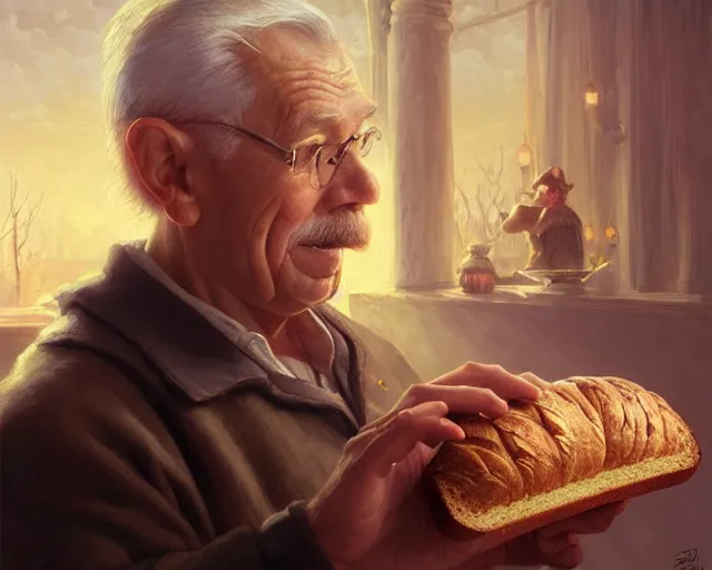 Prompt: an old man taking a selfie with a loaf of bread, deep focus, d & d, fantasy, intricate, elegant, highly detailed, digital painting, artstation, concept art, matte, sharp focus, illustration, hearthstone, art by artgerm and greg rutkowski and alphonse mucha