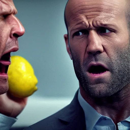 Image similar to ultra realistic professional photo of Jason Statham yelling at a lemon