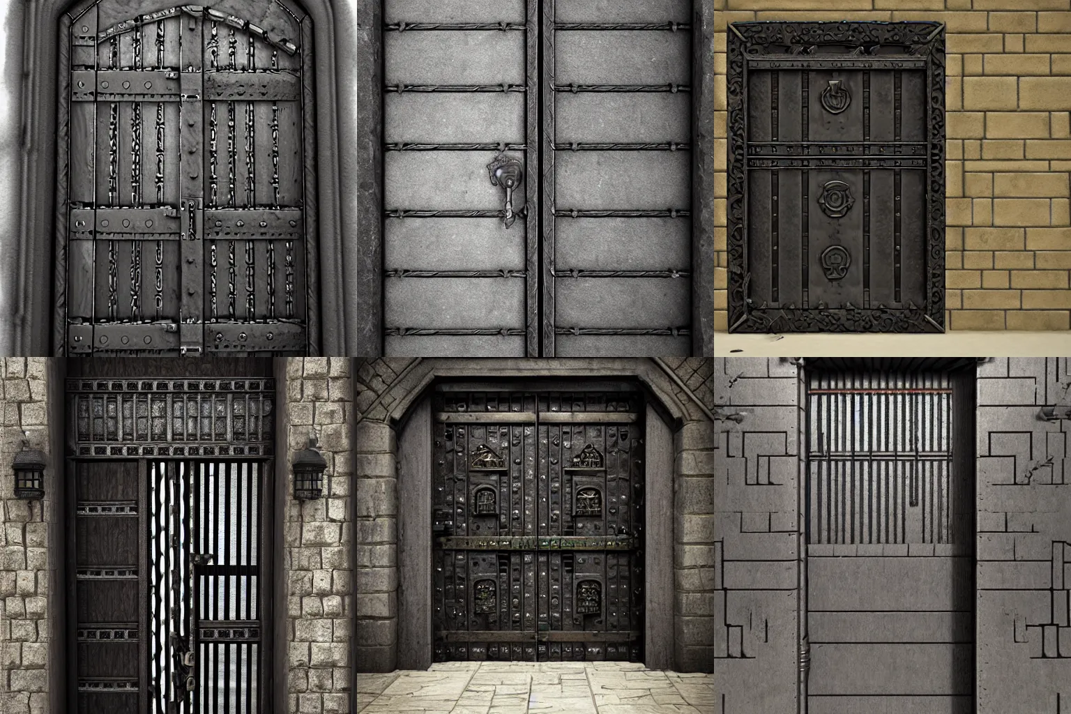 Image similar to medieval door with black steel bars and black knobs, unreal engine, joongwon jeong, detailed and intricate environment