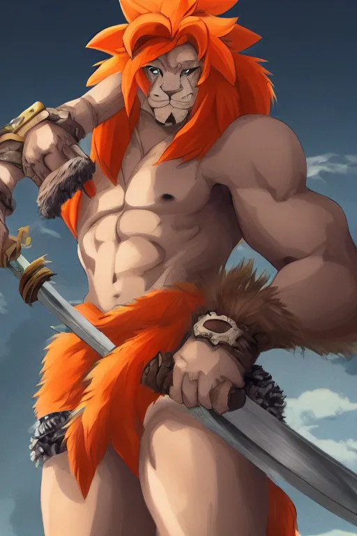 Image similar to muscular lion barbarian wearing a holding a sword, fursona, anthro, male, anime key visual, detailed orange fur, loincloth, makoto shinkai, portrait