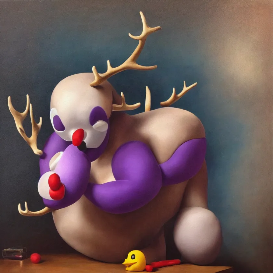 Image similar to rare hyper realistic painting by italian masters, symmetrical composition, studio lighting, dimly lit purple room, a blue rubber duck with antlers laughing at a giant laughing white bear with a clown mask