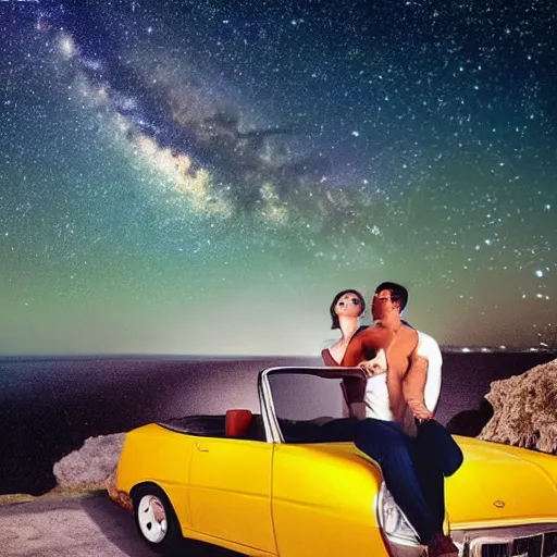 Image similar to realistic photo of man and woman in a convertible car parked near a cliff, gazing at the stars. big dipper. romantic