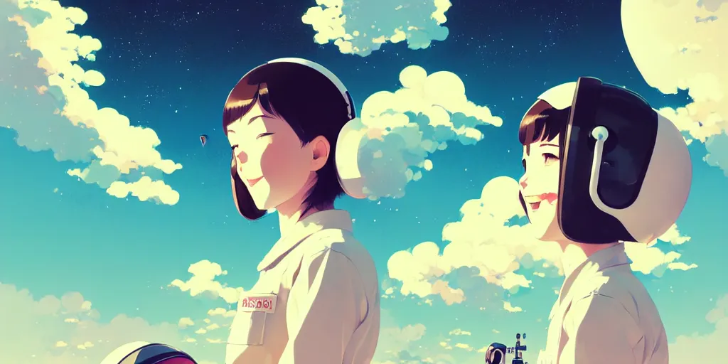 Prompt: portrait of smiling girl with astronaut helmet by ilya kuvshinov, cloudy sky background lush landscape ln illustration concept art anime key visual trending pixiv by victo ngai fanbox by greg rutkowski makoto shinkai takashi takeuchi studio ghibli