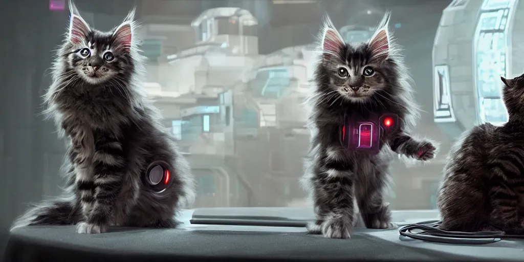 Image similar to a 3 d rendered movie still a cute robot in the shape of an adorable cyberpunk maine coon kitten. in the background is a cyberpunk cat tree with rgb ambient dramatic lighting. digital art. science fiction blockbuster movie from the future, imax 7 0 mm. style of mandalorian ( american space western television series )
