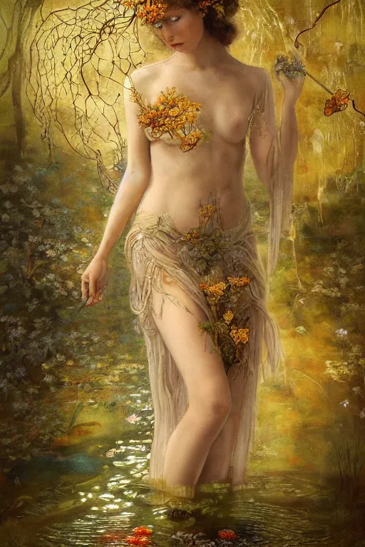 Prompt: breathtaking detailed soft painting of a dryad in a pond with kois with intricate flowers of light, art by kelogsloops, gauze dress draped of fireflies and an art nouveau golden ribbons, rembrandt style, elegant, highly detailed, artstation, concept art, matte, sharp focus,