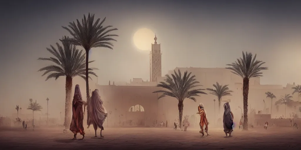 Image similar to sandstorm in marrakech, palm trees, moroccan mosque, wlop, james jean, tom bagshaw, rococo, trending on artstation, fantasy, intricate, elegant, highly detailed, digital painting, concept art, smooth, illustration, cinematic lighting, hyper realism, octane render, 8 k, hyper detailed.