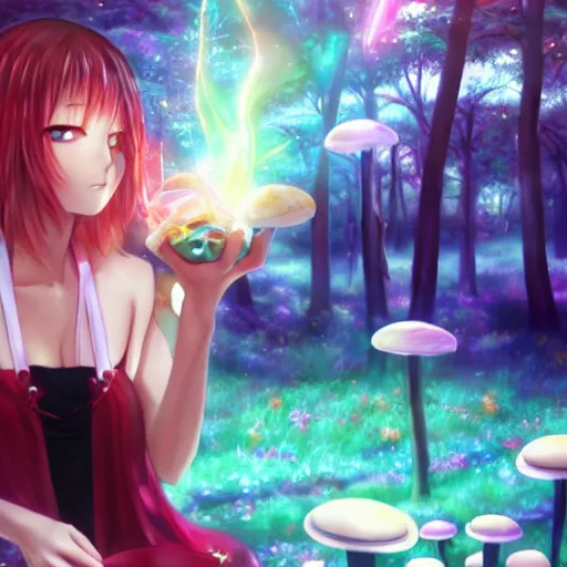 Prompt: photo realistic beautiful anime girl picking magic mushrooms