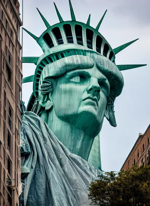 Image similar to giant monster with the face of the statue of liberty walking between buildings