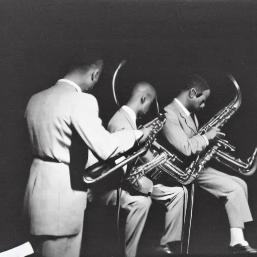 Image similar to jazz musicians playing in a dimly lit club, vintage photography, intricate details, 8k, black and white, 1930s, golden age