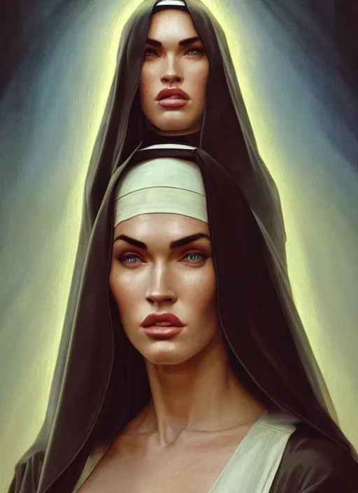 Image similar to portrait of megan fox as a sultry nun, catholic, church, bible, christian, intricate, headshot, highly detailed, digital painting, artstation, concept art, sharp focus, cinematic lighting, illustration, art by artgerm and greg rutkowski, alphonse mucha, cgsociety