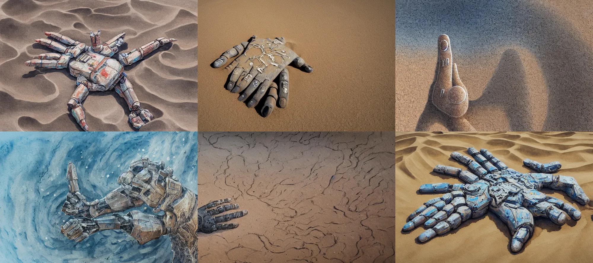 Prompt: a giant robot hand lying abandoned in the desert, covered in sand, hand poking up through sand, obscured, highly detailed watercolour sand swirling, trending on art station, detailed and intricate environment