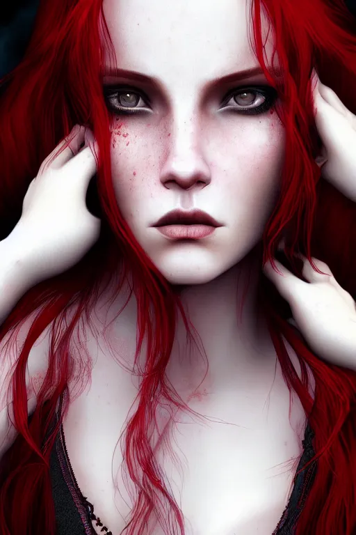 Prompt: extreme close up red haired vampire character portrait, beautiful face, cinematic lighting, hyper - detailed, cgsociety, 8 k, high resolution, in the style of charlie bowater, tom bagshaw, single face, symmetrical, headshot photograph, insanely detailed and intricate, cinematic, portrait, raphaelite, headroom, artstation, pierre - auguste renoir