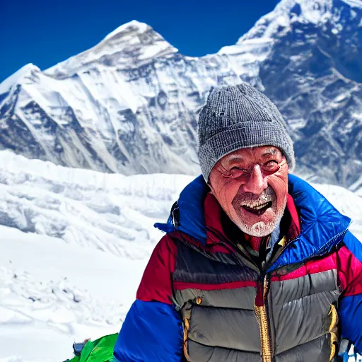 Image similar to elderly man on the summit of mount everest, smiling, happy, everest, mountain climbing, snow, cold, peak, summit, canon eos r 3, f / 1. 4, iso 2 0 0, 1 / 1 6 0 s, 8 k, raw, unedited, symmetrical balance, wide angle