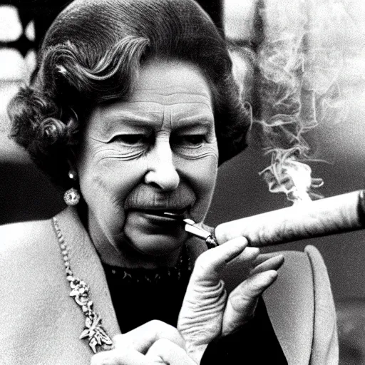 Image similar to Queen Elizabeth as Bob Marly smoking weed