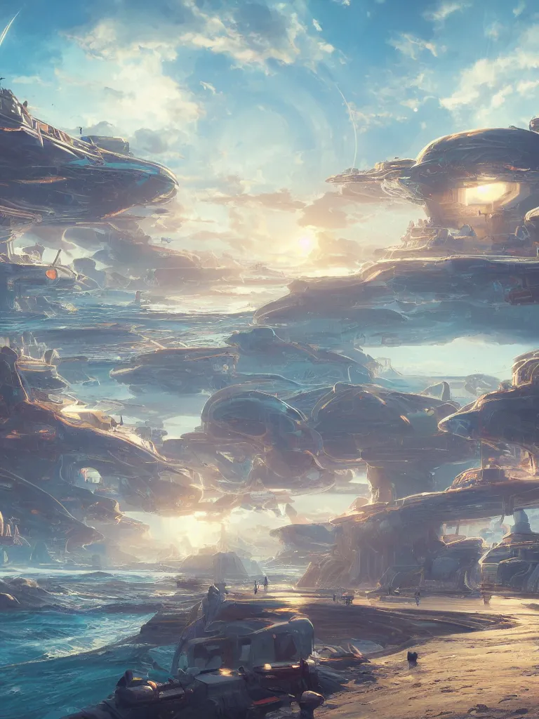 Prompt: a seaside spaceport environment where one draws mystical energy into their lives, background art, pristine concept art, small, medium and large design elements, golden hour, in the style of WLOP and Ross Tran