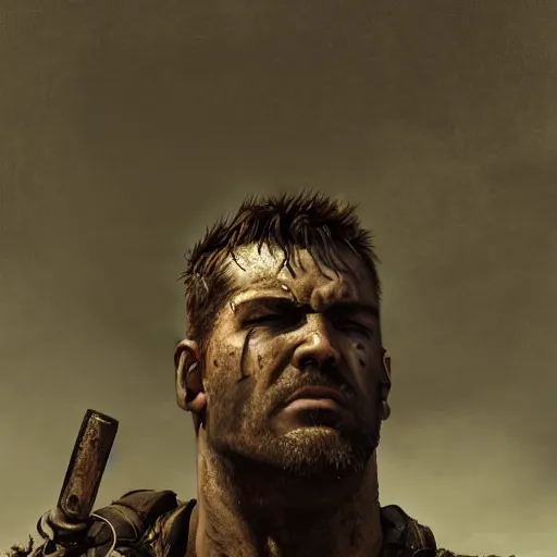 Prompt: fallout 5, charismatic imposing rugged mad max inspired protagonist, portrait, outdoors european cityscape, atmospheric lighting, painted, intricate, volumetric lighting, beautiful, daytime, wet, rainy, foggy weather, slight overcast, sharp focus, deep colours, ultra detailed, by leesha hannigan, ross tran, thierry doizon, kai carpenter, ignacio fernandez rios