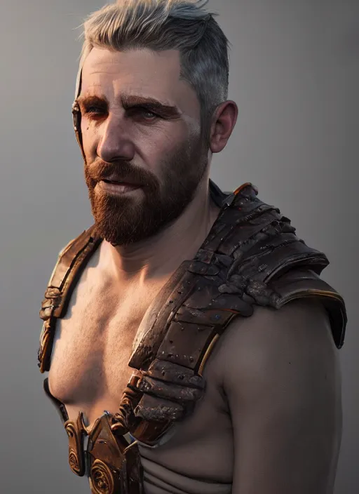 Image similar to an epic fantasy comic book style portrait painting of a big broad shouldered short haired man with a scar on his face and wears plain fantasy thief clothing, unreal 5, daz, hyperrealistic, octane render, cosplay, rpg portrait, dynamic lighting