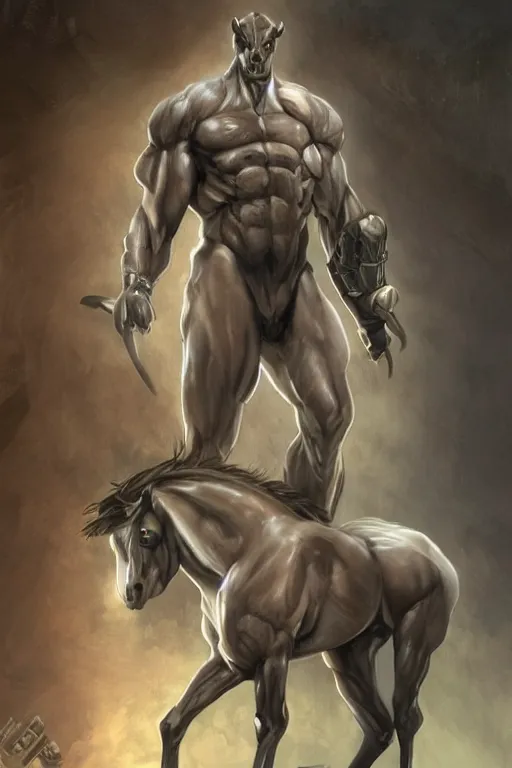 Image similar to splash art of a monstrously buff and muscular anthro horse male test subject at a research facility of experimental combat troopers, experimental tight bodysuit, full body, highly detailed, digital painting, trending on artstation, concept art, sharp smooth focus, illustration, art by artgerm and greg rutkowski and alphonse mucha