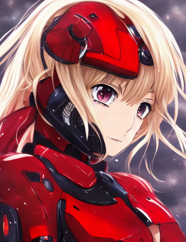 Image similar to an anime portrait of a blonde girl in a red mech suit, trending on artstation, digital art, 4 k resolution, detailed, high quality, sharp focus, hq artwork, coherent, insane detail