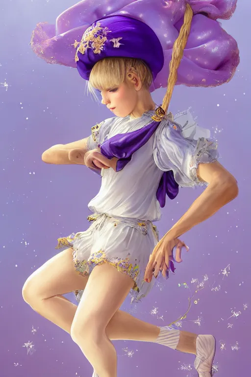 Image similar to Full View fairy maiden with short blond hair wearing an oversized purple Beret, Baggy Purple overall shorts, Short Puffy pants made of silk, silk shoes, a big billowy scarf, Golden Ribbon, and white leggings Covered in stars. covered in embroidery. Short Hair. peasant magic. Rhythmic gymnastics poses. masterpiece 4k digital illustration by Ruan Jia and Mandy Jurgens and Artgerm and william-adolphe bouguereau and greg rutkowski , award winning, Artstation, art nouveau aesthetic, Alphonse Mucha background, intricate details, realistic, panoramic view, Hyperdetailed, 8k resolution, intricate art nouveau