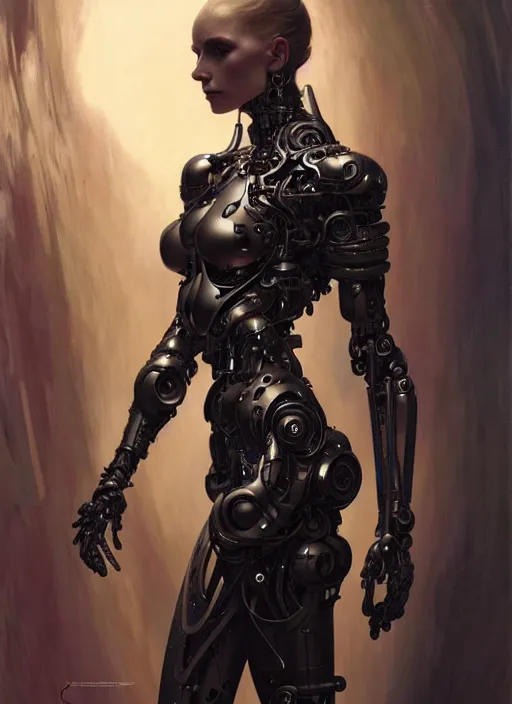 Image similar to organic cyborg, black plastic, diffuse lighting, fantasy, intricate, elegant, highly detailed, lifelike, photorealistic, digital painting, artstation, illustration, concept art, smooth, sharp focus, art by John Collier and Albert Aublet and Krenz Cushart and Artem Demura and Alphonse Mucha