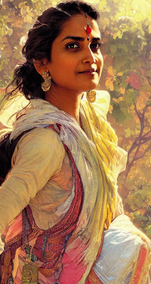 Image similar to close up a beautiful Indian doctor in Texas, sun shining, photo realistic illustration by greg rutkowski, thomas kindkade, alphonse mucha, loish, norman rockwell.