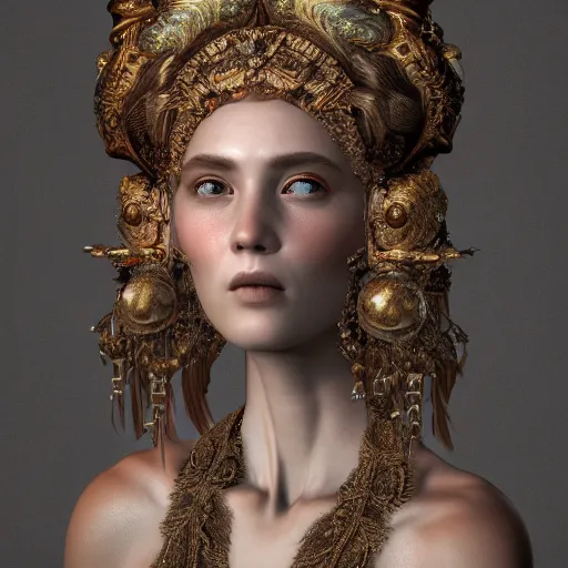 Prompt: a portrait of beautiful goddess, ornated, haunting, headpiece, highly detailed, intricate deaign, organic, hyperrealism, photorealistic, render in octane, unreal engine, 4 k