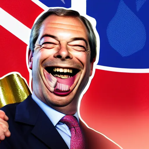 Image similar to nigel farage laughing holding burning eu flag, studio photograph, hd, studio