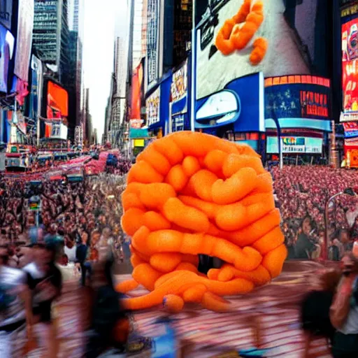 Prompt: photograph of Donald trump licking a giant Cheeto in times square