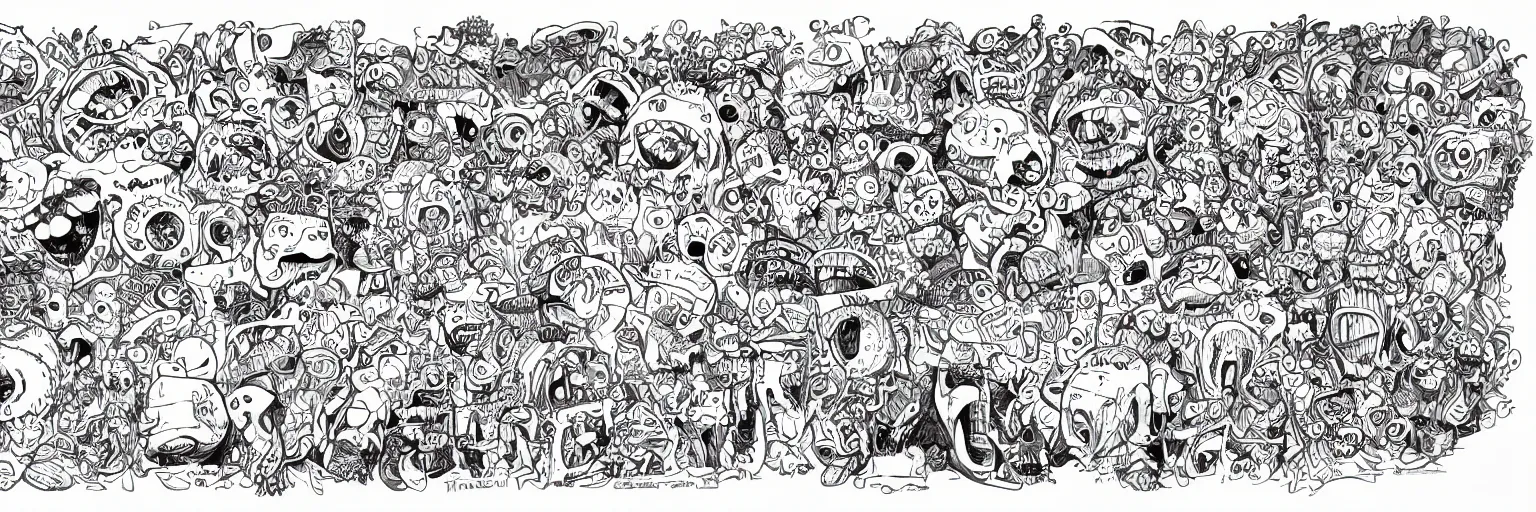 Image similar to monster doodle art, character sheet, fine details, concept design, contrast, kerby rosanes, the doodle boy, trending on artstation, 8 k, ultra wide angle