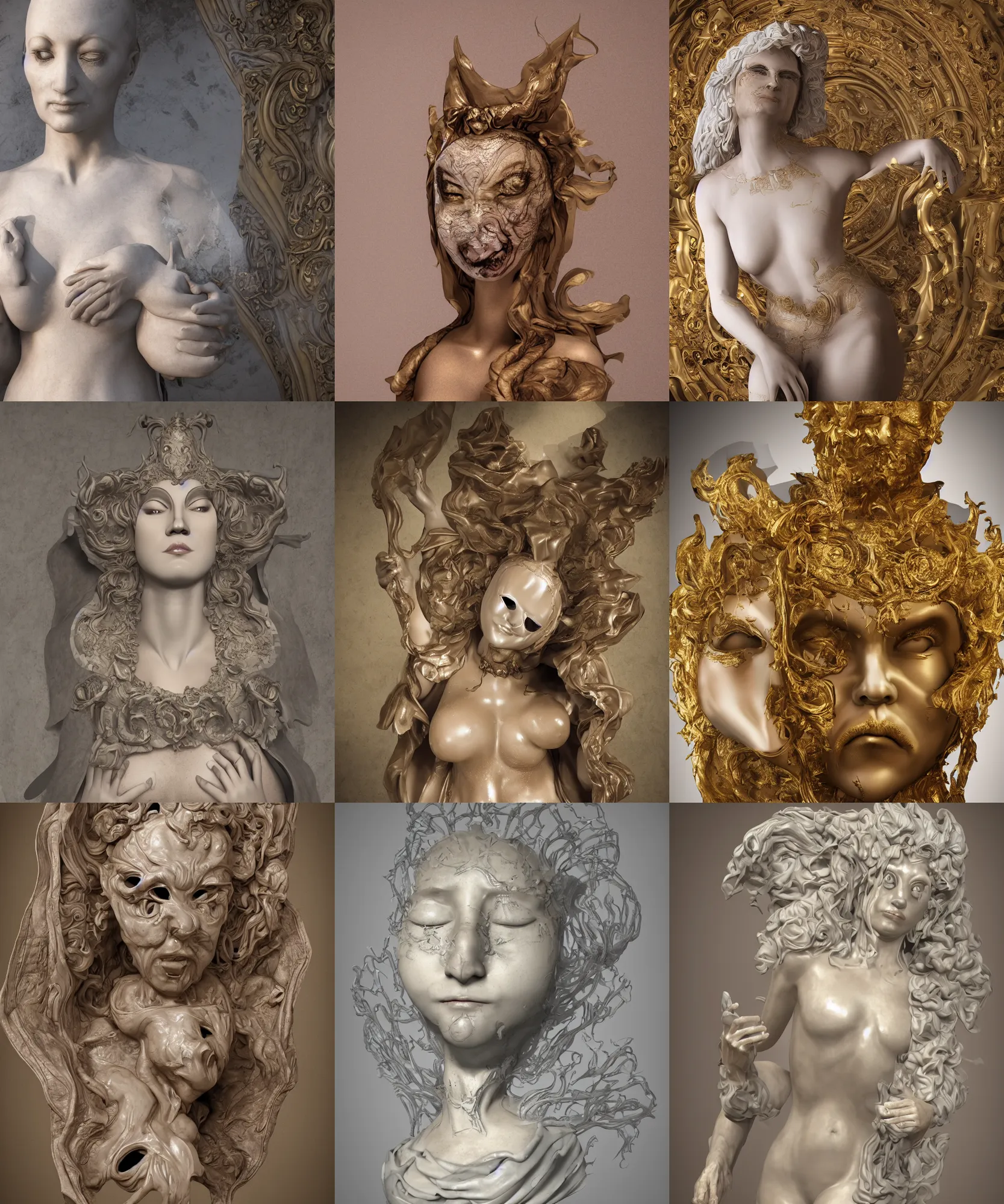 Prompt: the beautiful renaissance full body wax goddess in occult mask, highly detailed melted wax, gi, global illumination, physically based rendering, photorealistic, top light, by Livio Scarpella, Bernini, Urs Fischer, Jin Shan, Mooniq Priem, white background