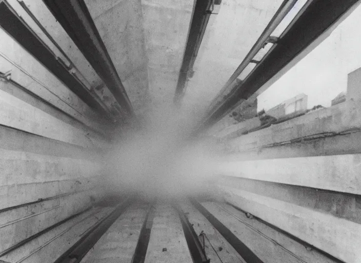 Image similar to looking down into the inside of an empty concrete tower, foggy, megalophobia, old polaroid, expired film,