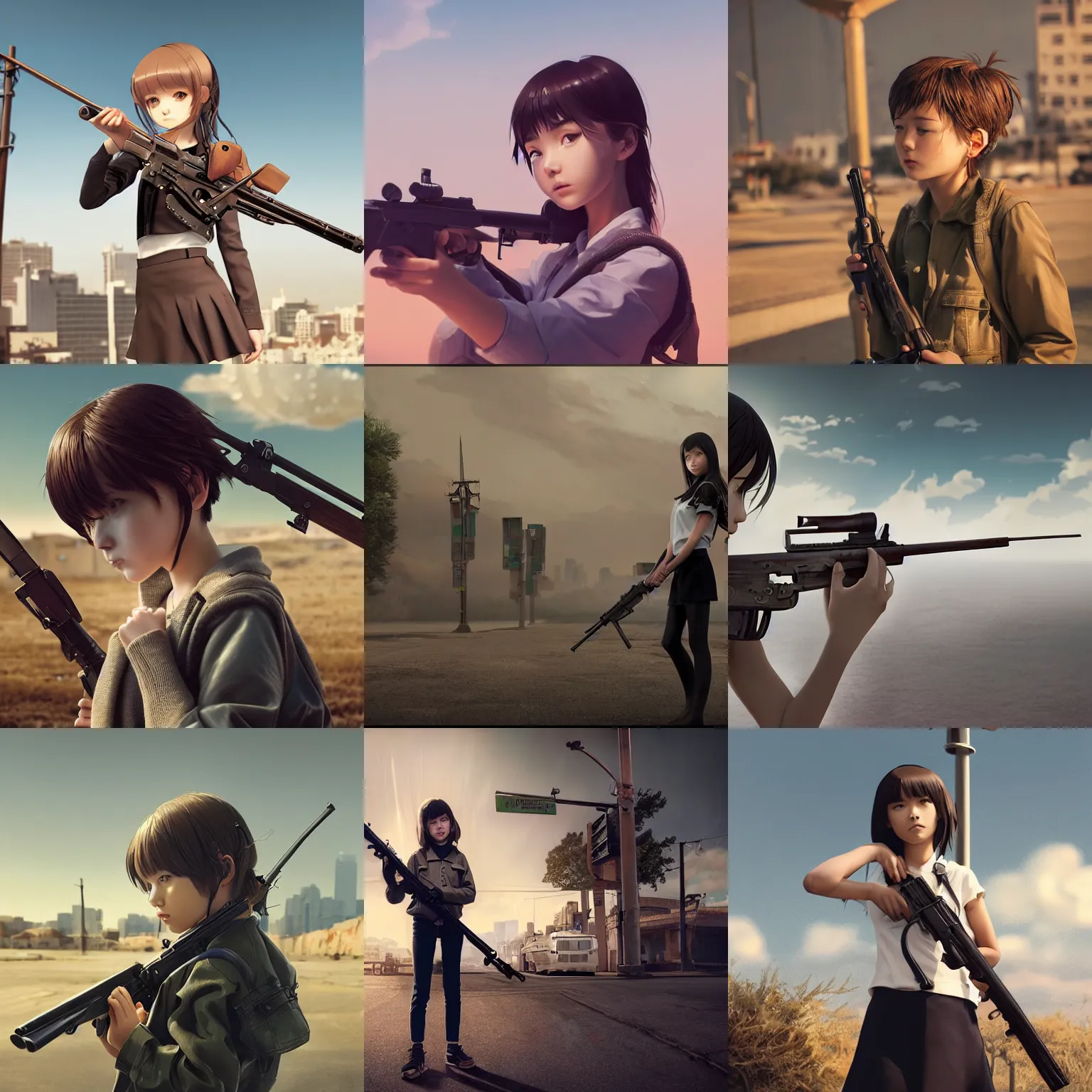 Prompt: worksafe. insanely detailed. by wlop, ilya kuvshinov, makoto shinkai, greg rutkowski, pixiv. zbrush sculpt, octane, maya, houdini, vfx. closeup gorgeous attractive young cg teen kid schoolgirl, holding a rifle, near utility poles at middle east, in luxury advertisement. cinematic dramatic atmosphere, sharp focus, volumetric lighting