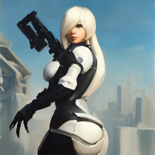 Image similar to greg manchess portrait painting of a 2 yorha type a no. 2 as overwatch character, white long hair, medium shot, asymmetrical, profile picture, organic painting, sunny day, matte painting, bold shapes, hard edges, street art, trending on artstation, by huang guangjian and gil elvgren and sachin teng